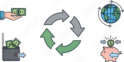 Financial Circulation Icons: Money, Wallet, Globe, Piggy Bank