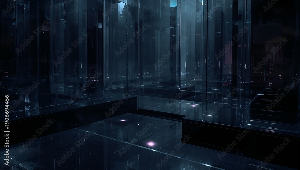 Fototapeta premium Revealing glass columns lining shiny floor panels in futuristic atrium, with blue lights