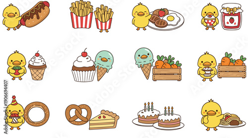 Cute Chick Food Character Vector Set with Cartoon Birds Eating Snacks, Fast Food, Desserts, and Meals for Kids Illustrations and Sticker Designs