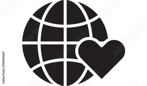 Globe icon with heart symbol, black solid silhouette showing global love, charity and humanitarian care, simple web pictogram for international support and kindness
