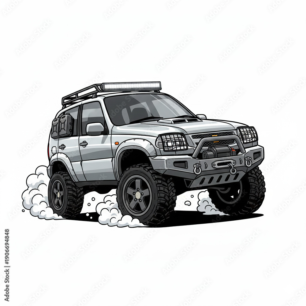 Fototapeta premium Caricature off-road car with 4X4 vehicle illustration art. High quality.