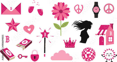 Pink Feminine Lifestyle and Branding Icon Vector Set with Beauty, Fashion, Love, Peace, Magic, and Girl Power Symbols for Creative Designs