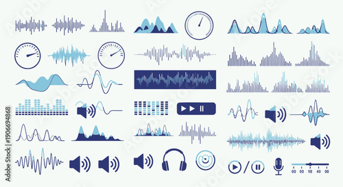 Audio waveform icons, sound wave graphics, music player symbols, blue vector illustrations for website or app design, isolated on transparent background, png
