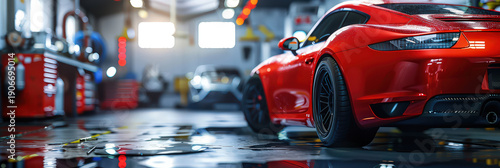 Red sports car with open hood inside professional auto repair garage. Modern workshop interior with tools, equipment and focus on vehicle maintenance, technology and automotive service.