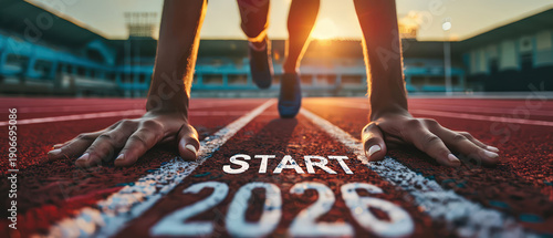 Athlete runner in starting position on athletics track at sunrise with focus and determination. Sports training scene symbolizing motivation to start new year 2026, goal setting, new beginning.