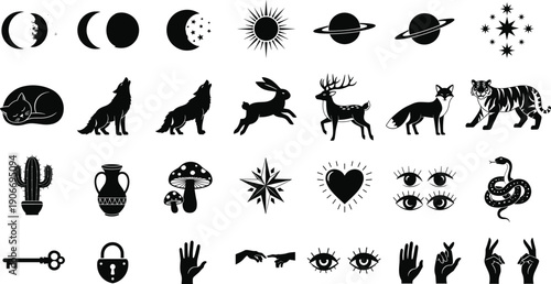 Mystical Symbol Silhouette Vector Set with Celestial Moons, Stars, Animals, Hands, Eyes, and Esoteric Elements for Spiritual and Occult Designs