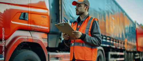 Logistics worker wearing safety vest and helmet inspecting delivery truck with clipboard. Concept of transport control, vehicle inspection, fleet management and logistics operations.