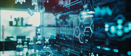 Futuristic laboratory scene with glass bottles, neon lighting and digital interface overlays, creating a modern scientific atmosphere with technology, research and innovation elements.