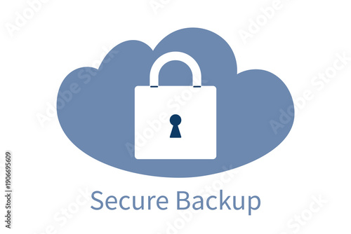 Cloud icon with integrated padlock symbol. Secure Backup text. Protected online data storage, encrypted file backup, reliable cloud solution for IT presentations, software features explanation.