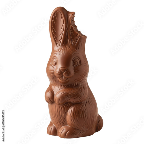 A close-up of a chocolate bunny with a bitten-off ear, isolated on a transparent background. Symbolizes Easter treats, enjoyment, and festive celebration.