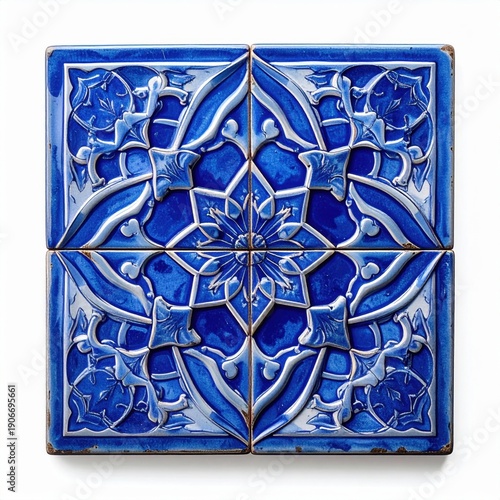 Four Antique Blue Ceramic Tiles Arranged in a Square Pattern Featuring Intricate Floral Designs and Star Motifs on a White Background