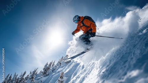 Skier in orange jacket carving down a steep snowy mountain with powder spray