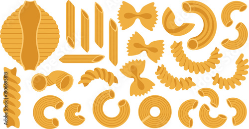 Italian Pasta Shapes Vector Set Featuring Spaghetti, Fusilli, Farfalle, Penne, Macaroni and Traditional Dry Noodle Varieties Collection