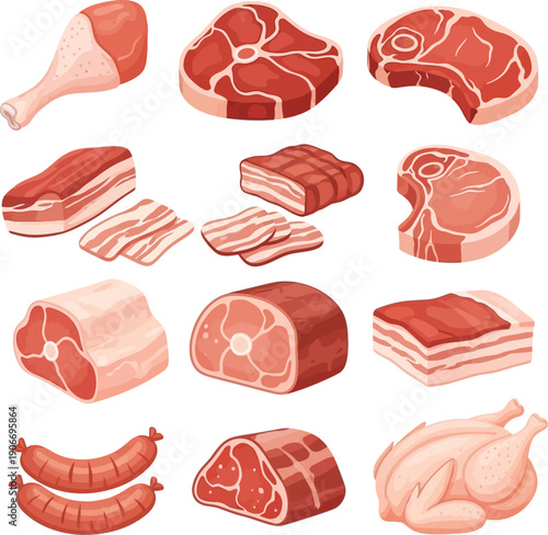 Different kind of meat food icons set vector, butchery and grocery products, groceries icon, food products bundle, meat and sausages vector illustration