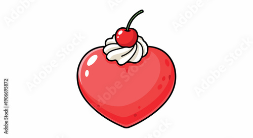 A cartoon-style heart-shaped dessert with a cherry and whipped cream on top against a plain white background.
