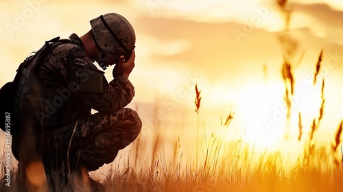 Soldiers Silhouette Crouching in Field Head in Hands Sunset Glow.
