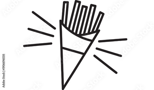 French fries icon in paper cone with radiating lines, minimalist black outline fast food snack symbol for menu, restaurant signage, app UI, sticker and packaging design