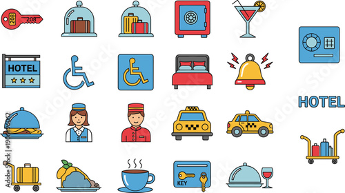 Hotel and Hospitality Service Icon Set with Reception, Room Service, Taxi, Accessibility, Luggage, and Guest Amenities for Travel and Tourism Designs