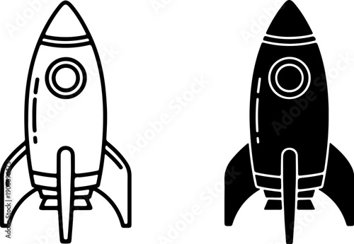 Black and white rocket ship space line outline