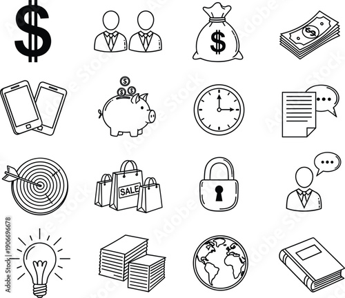 Business and Finance Outline Icon Set with Money, Banking, Time, Communication, Shopping, and Productivity Symbols for Web and App Interface Design