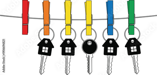 House Key Organization Vector Illustration with Colorful Clothespins Hanging on Line for Home Security, Property Management, and Real Estate Concepts