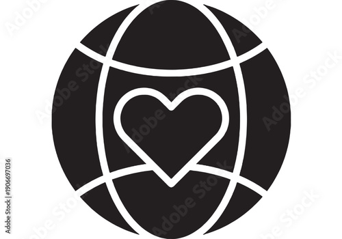 Globe love icon with heart in center, minimal black and white solid silhouette, international romance and charity symbol for web, app UI, logo, sticker, print