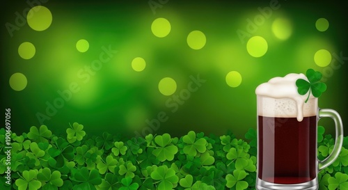 A glass of beer with a shamrock on top surrounded by lush green clover leaves and bokeh lights