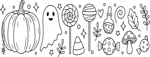 Cute Halloween Doodle Outline Vector Set with Pumpkin, Ghost, Candy, Mushrooms, and Spooky Decorative Elements for Kids Illustrations