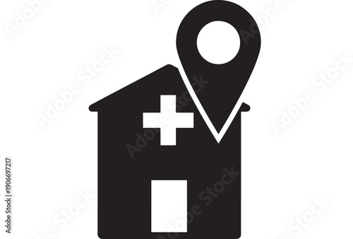 Hospital location icon with medical cross building and map pin marker, black glyph silhouette symbol for clinic navigation, healthcare app UI, emergency services sign