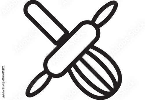 Rattle baby icon with pacifier and toy crossing in bold black outline, minimal line art symbol for infant care, nursery design, parenting apps, and childcare signage