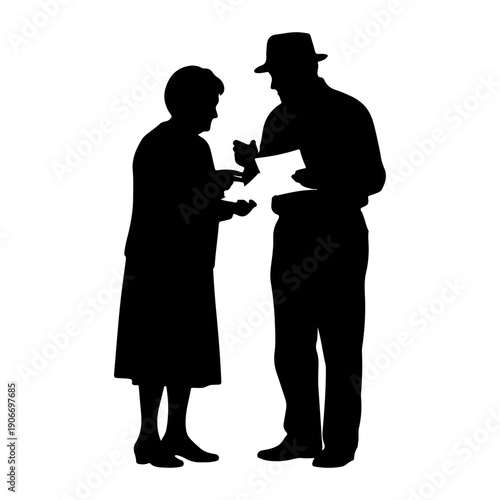 Elderly couple discussing document black silhouette isolated