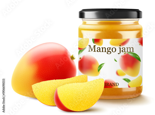Mango jam in glass jar with fresh mango slices near. Glass of mango marmalade design element. Organic fruit jam isolated on a white background. Realistic 3d vector illustration