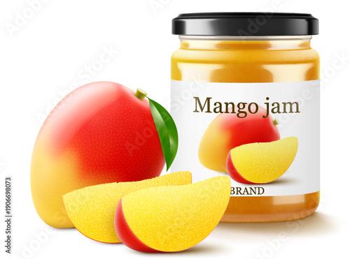 Mango jam in glass jar with fresh mango slices near. Glass of mango marmalade design element. Organic fruit jam isolated on a white background. Realistic 3d vector illustration
