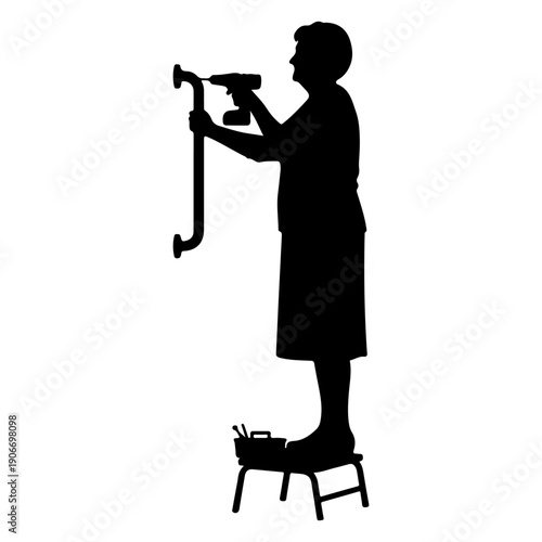 Elderly woman drilling wall standing on stool black silhouette isolated