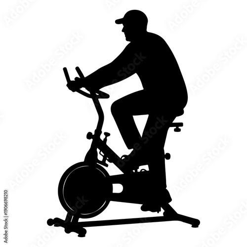 Senior man exercising on stationary bike silhouette isolated