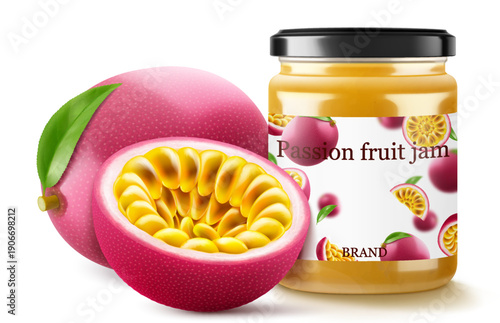 Passion fruit jam in jar isolated on white background. Glass of Passion fruit marmalade design element. Sweet healthy passion fruit homemade preserve. Realistic 3d Vector illustration