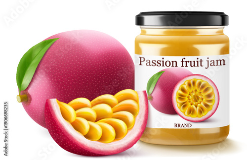 Passion fruit jam in jar isolated on white background. Glass of Passion fruit marmalade design element. Sweet healthy passion fruit homemade preserve. Realistic 3d Vector illustration