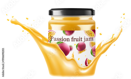Jar with passion fruit jam in a splash of passion fruit juice isolated on white background. Homemade passion fruit jam or juice in a glass jar. Realistic 3d vector illustration. Mockup for your brand.