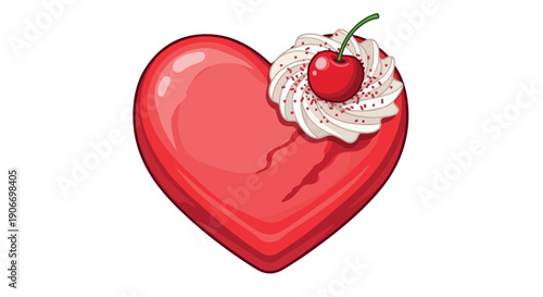 A shiny red heart-shaped cake with a dollop of whipped cream and a cherry on top against a white background.