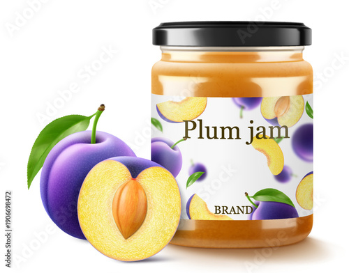 Glass jar with plum jam isolated on white background. Jar of marmalade from juicy blue plums. fresh fruits with leaves. Organic food. Label mockup for jam. Realistic 3d vector illustration