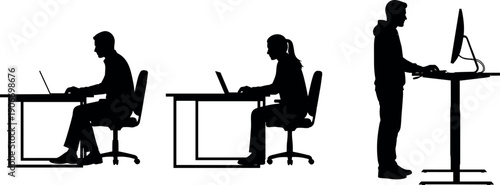 Black silhouette set of people working at desks showing correct and incorrect posture with sitting and standing workstation ergonomic positions.