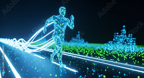 A futuristic illustration of a man running on a road with neon lights and digital particles
