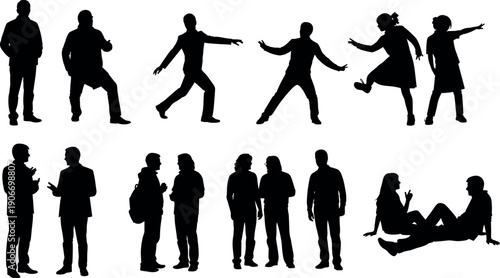 Black Silhouettes of People Standing Sitting Talking and Dancing Isolated on White Background for Diverse Business and Casual Vector Design