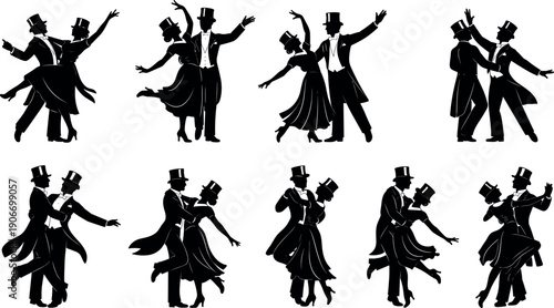 Elegant Ballroom Dancing Silhouettes Set of Victorian Style Couples in Formal Evening Wear Tuxedos and Gowns for Vintage Wedding Invitations