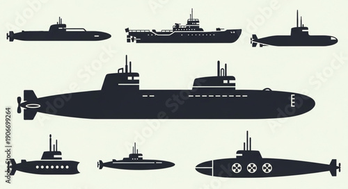 Collection of Submarine Silhouettes Vector Illustration.