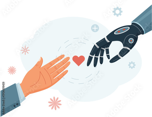 Flat vector illustration of a human hand and a robotic hand reaching out to each other, with a heart in the center. Artificial intelligence and humans. Design for banners, web, and postcards.