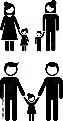Inclusive diverse families set with lesbian couple holding hands with children and gay fathers parenting daughter in flat vector style