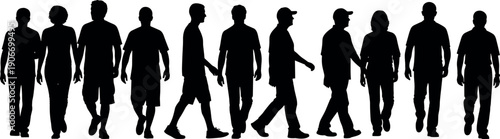 Large Group of Diverse People Silhouettes Walking and Standing Together in a Row for Community Crowd and Urban Lifestyle Concept