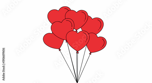 Cluster of red heart-shaped balloons floating against a white background with black outlines and strings.