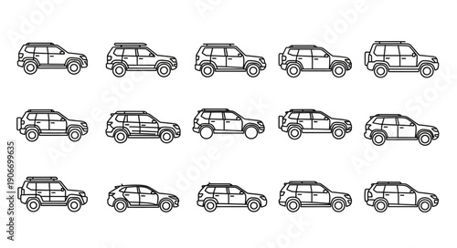 Collection of SUV vehicle illustrations in a line.